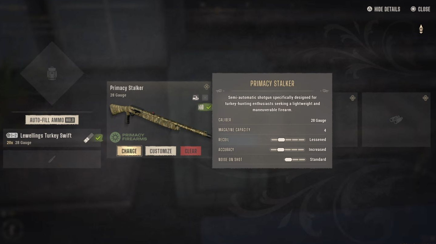 Storage screen showing the Primacy Stalker, 28 Gauge ammunition and green compatibility check.