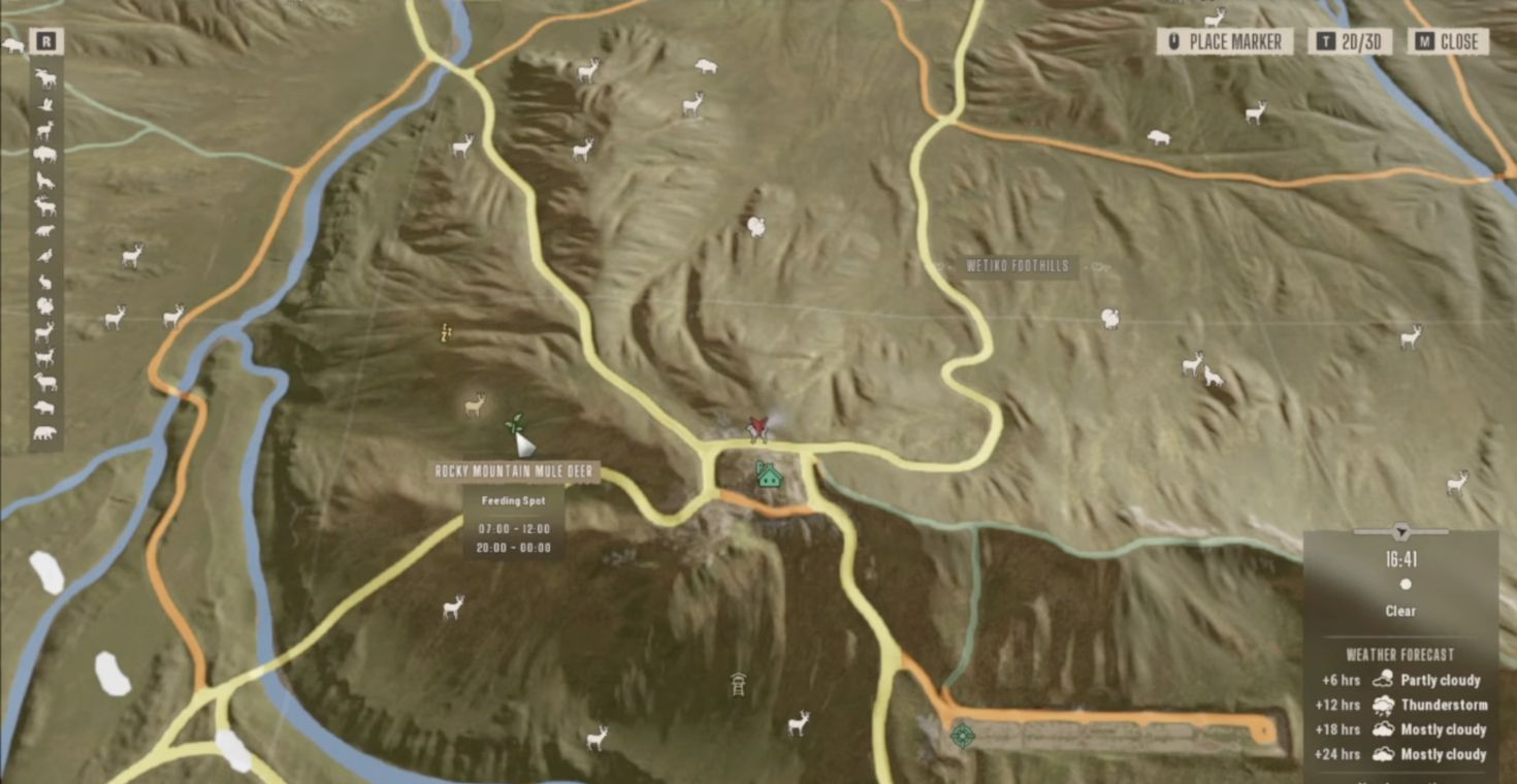 New Laurentia map with the lodge east of a mule deer feeding spot and its 07:00–12:00 and 20:00–00:00 windows.